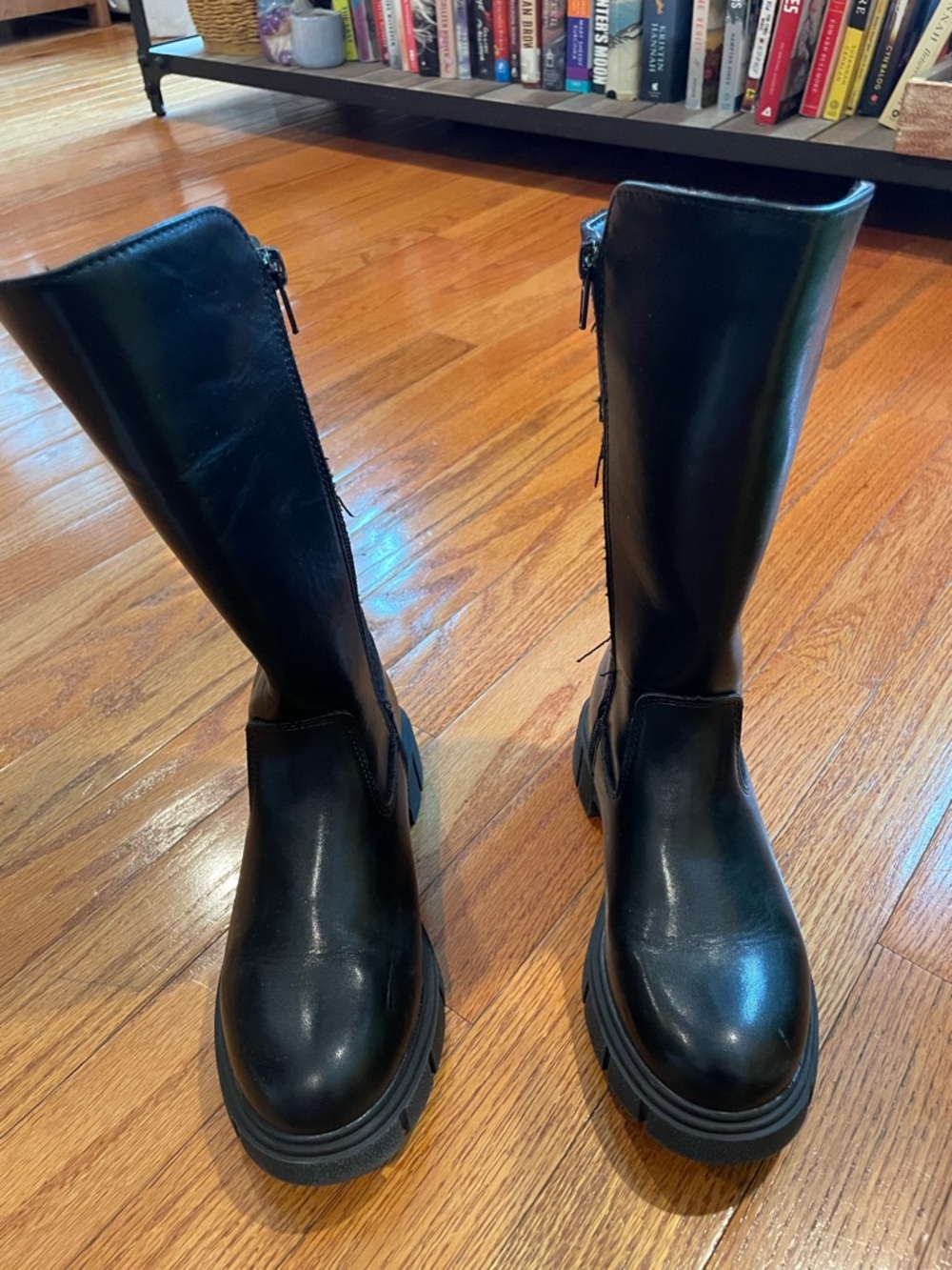 Black Leather Mid-Calf Zipper Boots